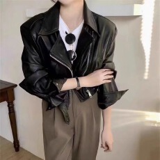 批发原版韩版短款皮衣外套女春<b class='q'>秋</b>时尚显瘦皮衣气质翻领小个子PU皮夹克