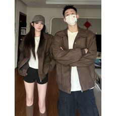 批发原版情侣装美式复古棕色皮衣夹克<b class='q'>秋</b>冬新款小众高级感潮牌宽松外套