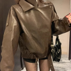 批发外贸复古<b class='q'>机车</b>翻领pu<b class='q'>皮衣</b>外套女酷飒风爆款2026春秋新款皮夹克上衣