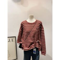 批发原版面料 韩国chic小猫刺绣条纹磨毛长袖女士秋冬慵懒风韩系<b class='q'>上衣</b>