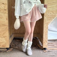 批发韩系撞色条纹蕾丝拼接仿羊羔毛<b class='q'>休闲</b><b class='q'>短裤</b>女秋冬高腰抽绳系带阔腿裤