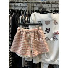 韩国chic撞色条纹蕾丝拼接仿羊羔毛休闲短裤女高腰抽绳系带阔腿裤