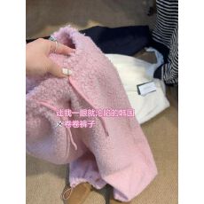 批发原版面料600克 chic <b class='q'>大码</b>韩系粉色羊羔毛卫裤女冬舒适宽松休闲裤