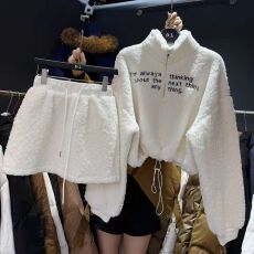 批发外贸<b class='q'>韩国</b>chic法式气质字母设计羊羔毛<b class='q'>卫衣</b>套装女休闲两件套短裙冬