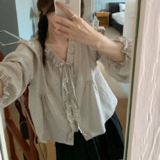 批发韩国chic春季新款韩系<b class='q'>甜美</b>花边系带格子衬衫