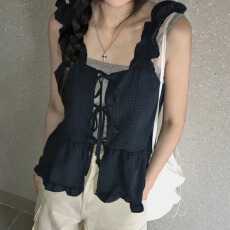 批发韩国chic夏季木耳边格子<b class='q'>雪纺衫</b>吊带背心女绑带镂空褶皱拼接上衣