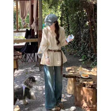 批发法式温柔木耳边抽绳衬衫夏季女纯欲<b class='q'>甜美</b>风长袖防晒衬衣上衣小个子