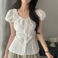 批发chic 韩版时尚系带百搭衬衫圆领抽绳收腰气质衬衣