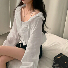 批发chic时尚花边领拼接系带长袖衬衫女