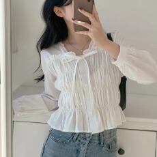 批发韩版温柔风V领木耳边褶皱绑带长袖衬衫宽松百搭纯色打底衫上衣