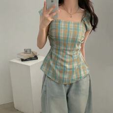 批发原版 韩国chic复古格纹方领小飞袖短袖衬衫女