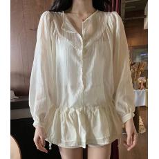 批发原版 韩国chic抽绳收腰双层荷叶边衬衫女