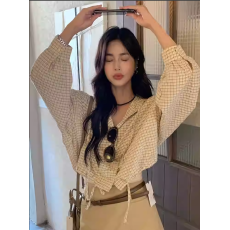 批发慵懒风连帽格纹<b class='q'>小衫</b>女<b class='q'>韩版</b>宽松设计感短款小个子气质衬衫短外套潮