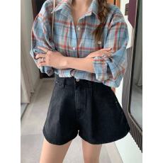 批发韩系学院风格纹衬衫简约宽松百搭<b class='q'>长袖</b>翻领防晒撞色格子衬衫上衣女