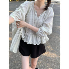 原版 韩国chic温柔小花边减龄宽松娃娃衫衬衫