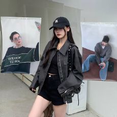 批发美式复古棕色皮衣外套女2026<b class='q'>秋</b>季新款小个子高级感pu皮机车夹克女