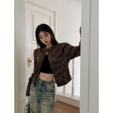 批发美式复古做旧咖啡色短款夹克外套2026春季新款辣妹百搭立领PU皮衣