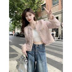 批发法式气质名媛小香风粉色粗花呢外套女秋冬季高级感小个子短款上衣