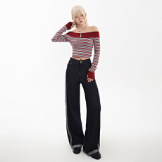 批发鑫宝源3011#爆款不褪色拼接阔腿裤高腰阔腿牛仔女宽松显瘦拖地裤