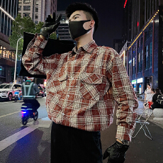 批发秋款长袖衬衫男士小众设计师款复古压皱菱格百搭粗格纹衬衫外套