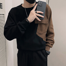 批发秋款男士卫衣美式复古潮牌拼接肌理感撞色百搭休闲上衣