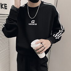 批发秋款男装卫衣潮牌刺绣字母美式休闲条纹撞色拼接休闲圆领卫衣