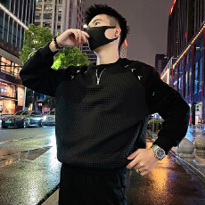 批发秋款男士卫衣异质拼接肌理感撞色金属饰潮牌撞色高级感长袖上衣