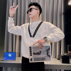 批发秋款男士卫衣异质拼接撞色潮牌高级感圆领长袖上衣