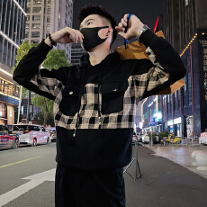 批发秋款男士卫衣异质拼接格纹撞色潮牌高级感抽绳连帽圆领长袖上衣