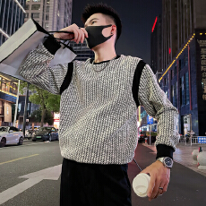 批发秋款男士卫衣潮牌复古撞色小香风肌理感圆领休闲上衣