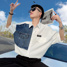 批发/P65控95 2026夏季新款男士潮流休闲拼接式牛仔短袖<b class='q'>衬衫</b>