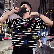 批发/P58控78 2026夏季笑脸卡通印花潮牌条纹撞色百搭<b class='q'>男士</b>宽松T恤