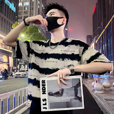 批发/P58控78 2026夏季潮流痞帅撞色条纹休闲<b class='q'>男士</b>宽松休闲T恤