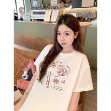 批发韩国<b class='q'>大</b>码<b class='q'>女</b>装纯棉210克100%棉<b class='q'>女</b>夏装慵懒宽松百搭印花短袖T恤韩系