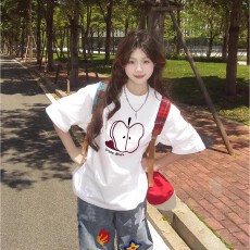 批发韩国<b class='q'>大</b>码<b class='q'>女</b>装纯棉210克100%棉<b class='q'>女</b>夏装慵懒宽松百搭印花短袖T恤韩系