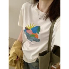 批发韩国<b class='q'>大</b>码<b class='q'>女</b>装纯棉210克100%棉<b class='q'>女</b>夏装慵懒宽松百搭印花短袖T恤韩系