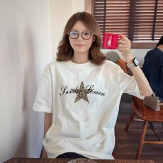 批发韩国大码女装纯棉210克100%棉女夏装慵懒宽松百搭印花短袖T恤韩系