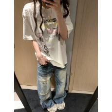 韩国大码女装纯棉210克100%棉女夏装慵懒宽松百搭印花短袖T恤韩系