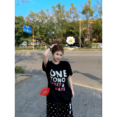 批发韩国大码女装纯棉210克100%棉女夏装慵懒宽松百搭印花短袖T恤韩系