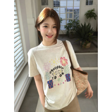 批发韩国大码女装纯棉210克100%棉女夏装慵懒宽松百搭印花短袖T恤韩系