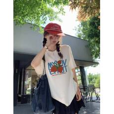 批发韩国大码女装纯棉210克100%棉女夏装慵懒宽松百搭印花短袖T恤韩系