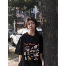 批发韩国大码女装纯棉210克100%棉女夏装慵懒宽松百搭印花短袖T恤韩系