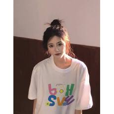 批发韩国大码女装纯棉210克100%棉女夏装慵懒宽松百搭印花短袖T恤韩系