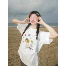 批发韩国大码女装纯棉210克100%棉女夏装慵懒宽松百搭印花短袖T恤韩系