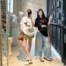 批发<b class='q'>韩国</b>大码女装纯棉210克100%棉女夏装慵懒宽松百搭印花短袖T恤韩系