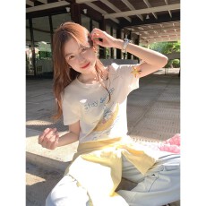 批发<b class='q'>韩国</b>大码女装纯棉210克100%棉女夏装慵懒宽松百搭印花短袖T恤韩系
