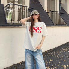 批发<b class='q'>韩国</b>大码女装纯棉210克100%棉女夏装慵懒宽松百搭印花短袖T恤韩系