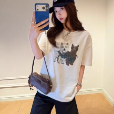 批发<b class='q'>韩国</b>大码女装纯棉210克100%棉女夏装慵懒宽松百搭印花短袖T恤韩系