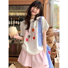 批发<b class='q'>韩国</b>大码女装纯棉210克100%棉女夏装慵懒宽松百搭印花短袖T恤韩系