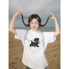 批发<b class='q'>韩国</b>大码女装纯棉210克100%棉女夏装慵懒宽松百搭印花短袖T恤韩系